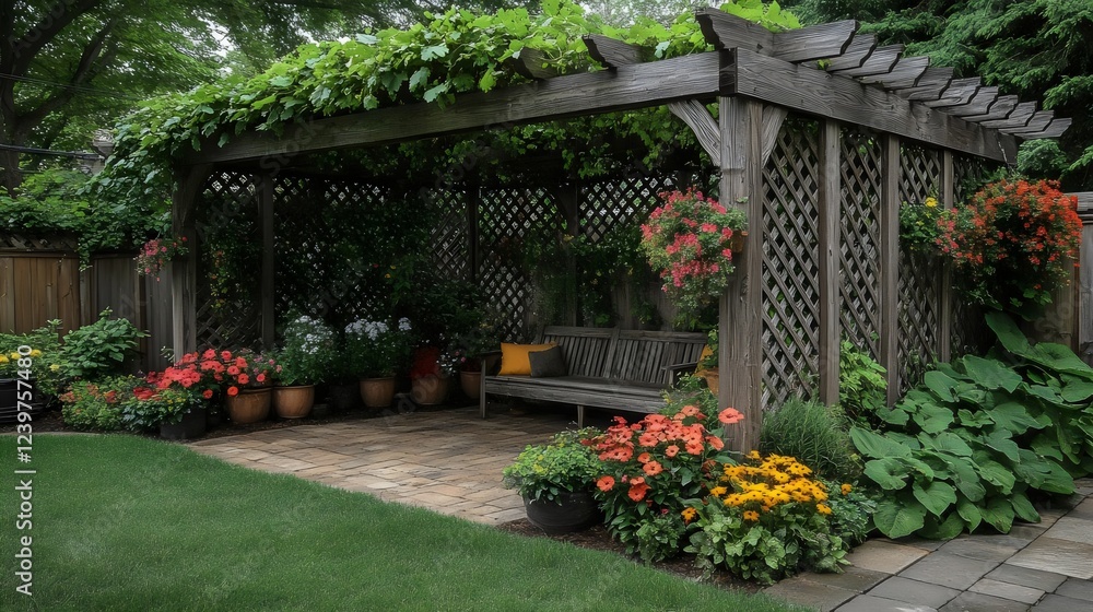 Fototapeta premium A patio with a wooden pergola and a bench
