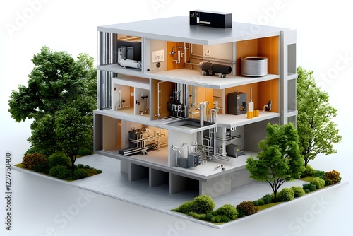 Detailed cutaway of a residential building revealing the concealed plumbing electrical and mechanical infrastructure systems