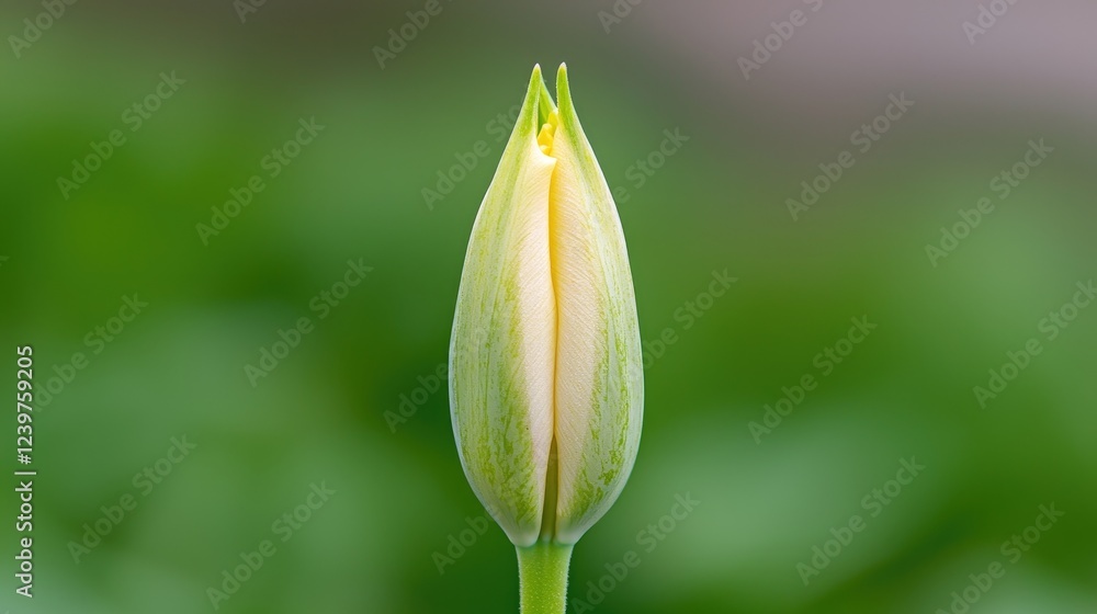 Closed pale tulip bud, garden, spring, blurred background, nature photography Closed pale tulip bud, garden, spring, blurred background, nature photography