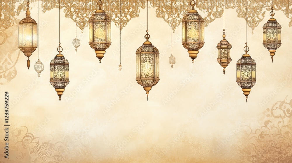 Islamic theme. light white color. hanging lanterns and ornaments Islamic theme. light white color. hanging lanterns and ornaments