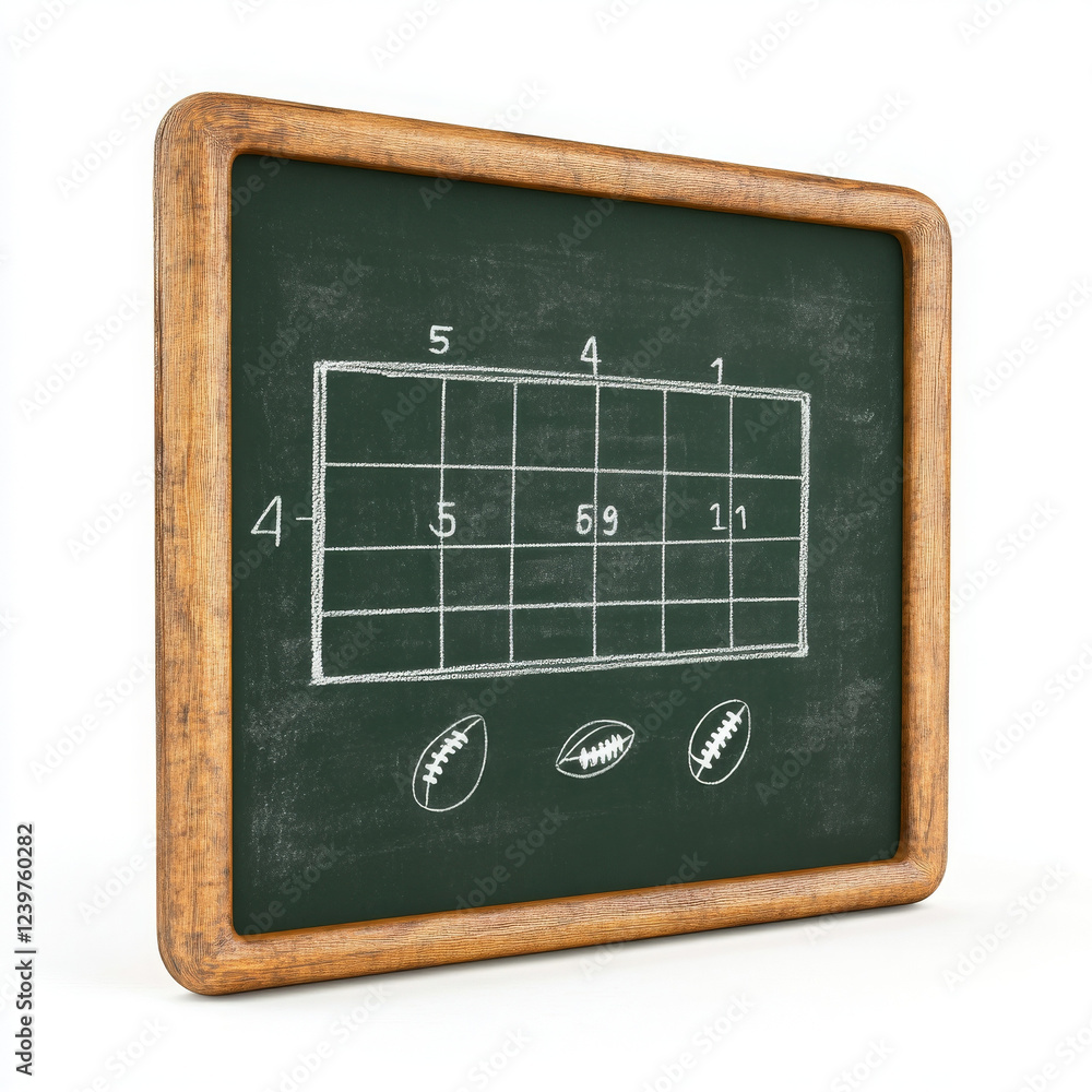 Chalkboard with football strategy diagram and three footballs drawn Chalkboard with football strategy diagram and three footballs drawn
