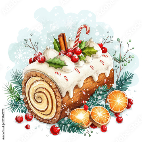 A festive yule log cake adorned with icing, berries, cinnamon sticks, and holiday decorations, showcasing a delightful winter treat.