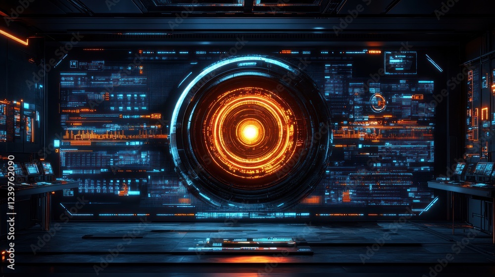 Futuristic control room with glowing interface. Futuristic control room with glowing interface.