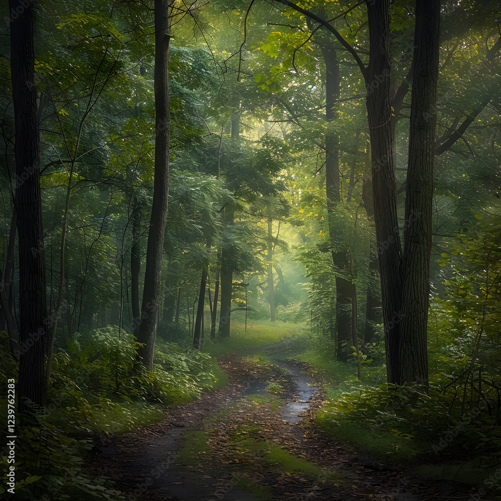 Fototapeta premium Tranquil Morning Walk Through a Serene Forest Pathway