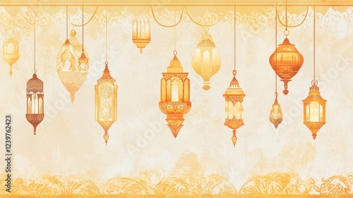 Islamic. light yellow color. hanging lanterns and ornaments