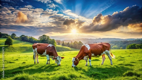 Wallpaper Mural Idyllic countryside: two cows, serene grazing in a picturesque pastoral landscape. Torontodigital.ca