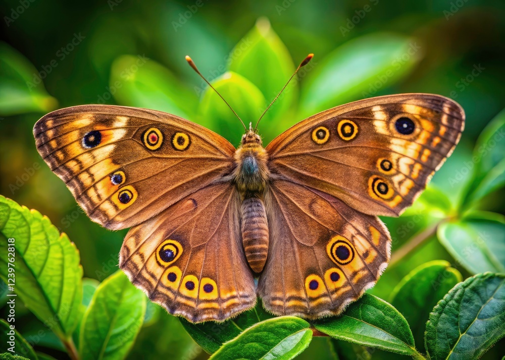 Obraz premium Intricate brown butterfly, circled wings, rests on a leaf, captured in stunning macro.