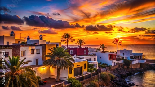 Island life's golden hour: Canary Islands coastal homes silhouetted against the setting sun.