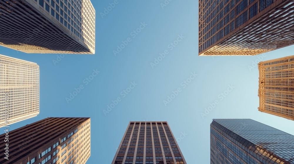 City skyscrapers, low angle view, clear sky, urban scene, business background