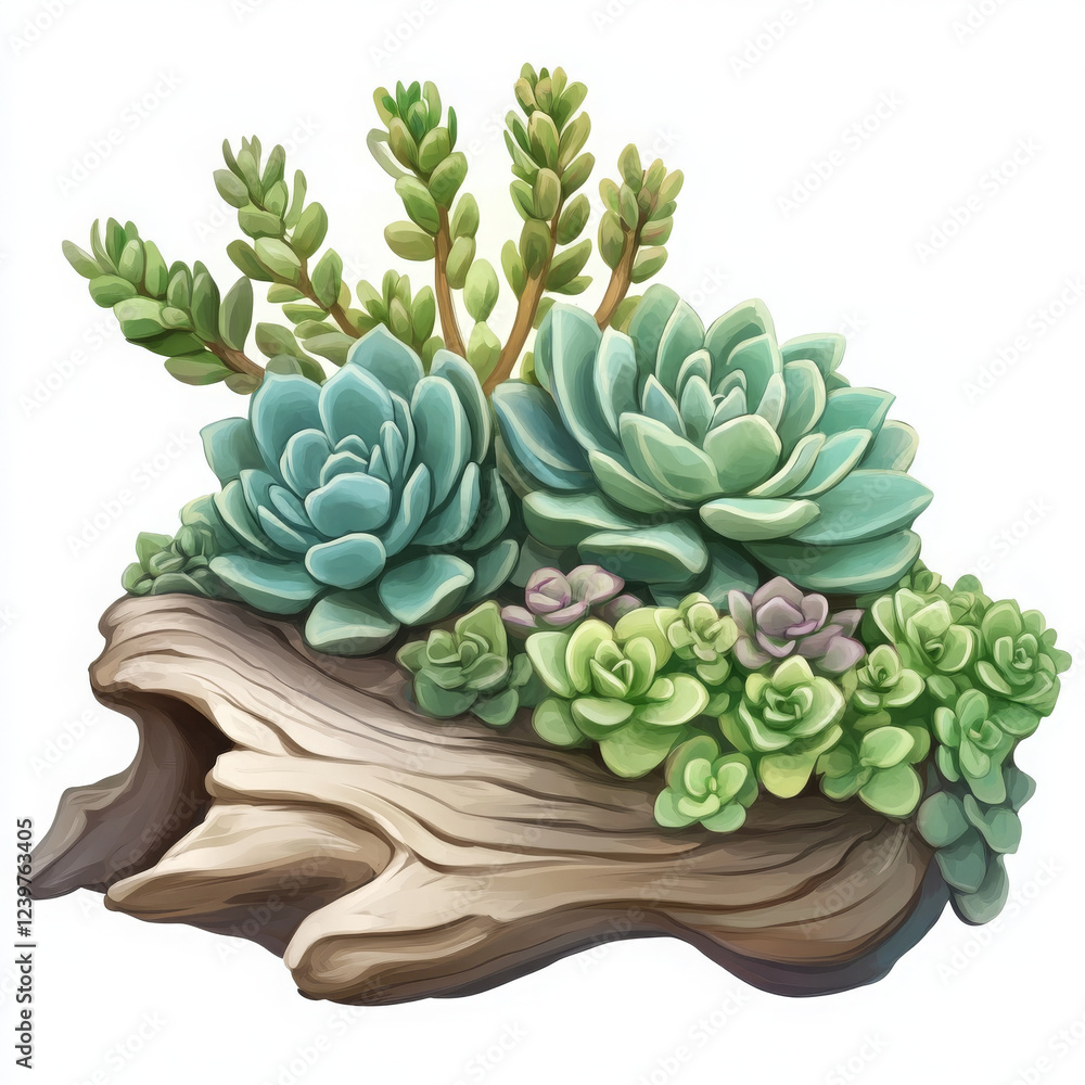 Fototapeta premium Succulent plants arranged on wooden log, showcasing vibrant colors and textures