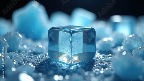 Close-up of melting ice cubes with salt crystals on a reflective surface	