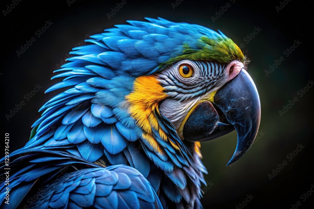 Fototapeta premium Low-light magic reveals the Arara Azul's vibrant blue plumage in breathtaking detail.