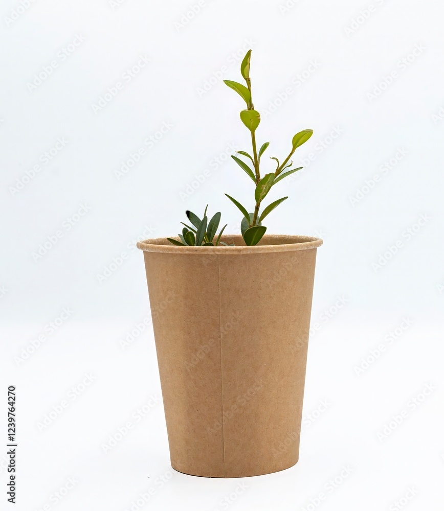 Fototapeta premium Disposable empty cardboard cups with a boxwood sprig on a white background