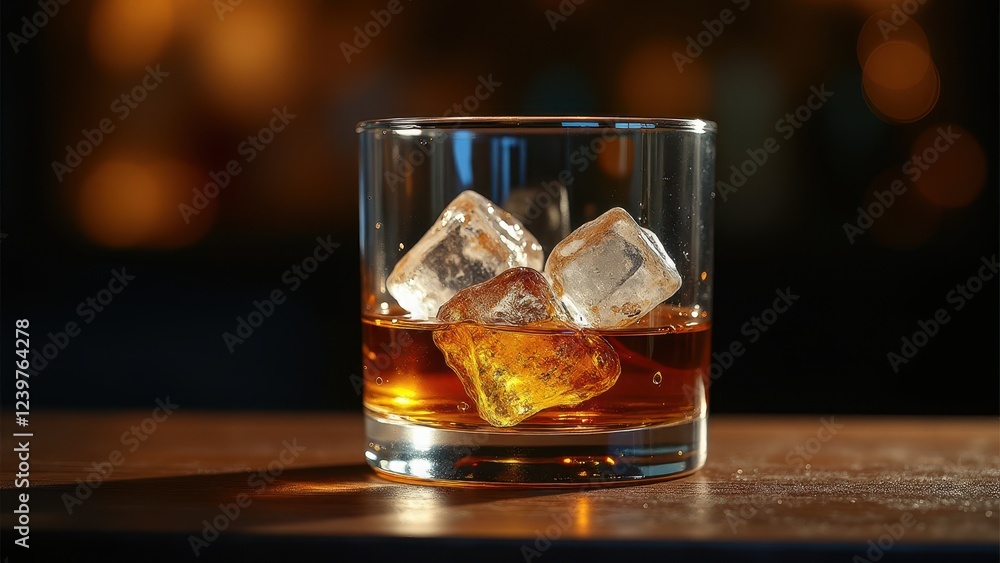 Glass of whiskey with melting ice cubes on a wooden bar counter Glass of whiskey with melting ice cubes on a wooden bar counter