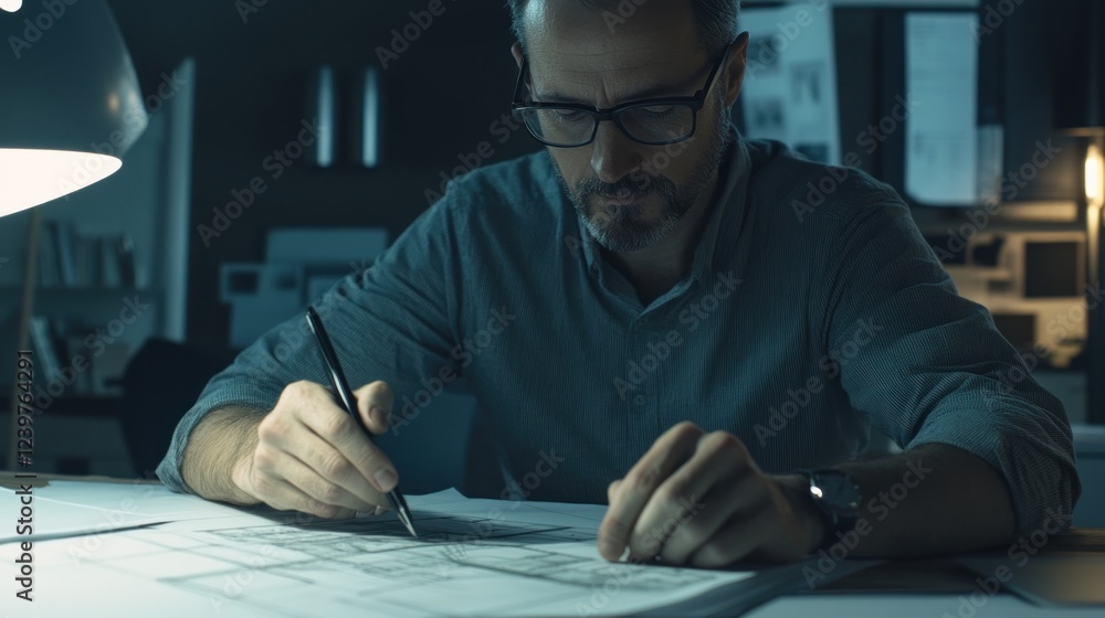 Focused Architect Designing Late Night Blueprint Focused Architect Designing Late Night Blueprint