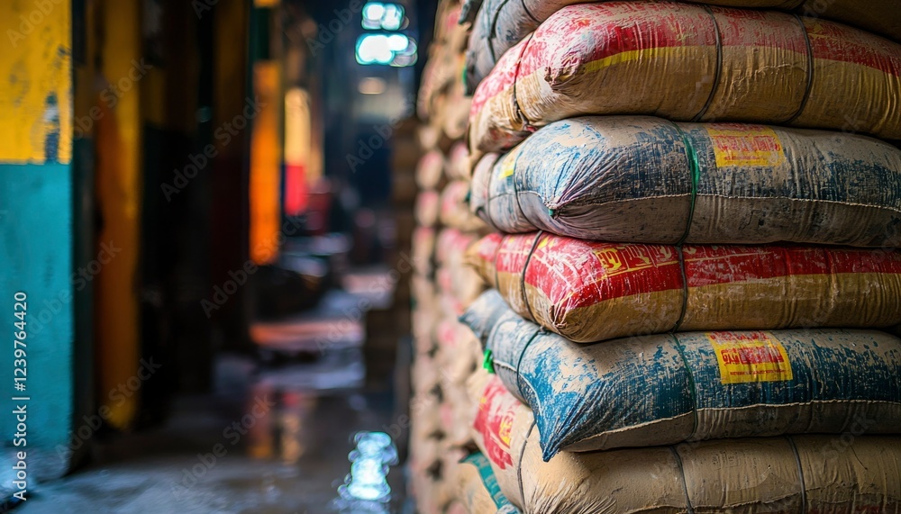 Obraz premium Stacked Sacks Of Weathered Material Inside A Building