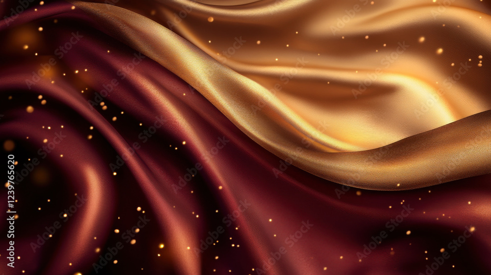 Obraz premium A beautifully crafted golden background, enveloped by gracefully flowing crimson silk waves