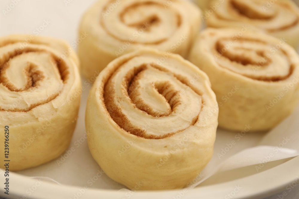 Many uncooked cinnamon rolls in baking dish, closeup Many uncooked cinnamon rolls in baking dish, closeup
