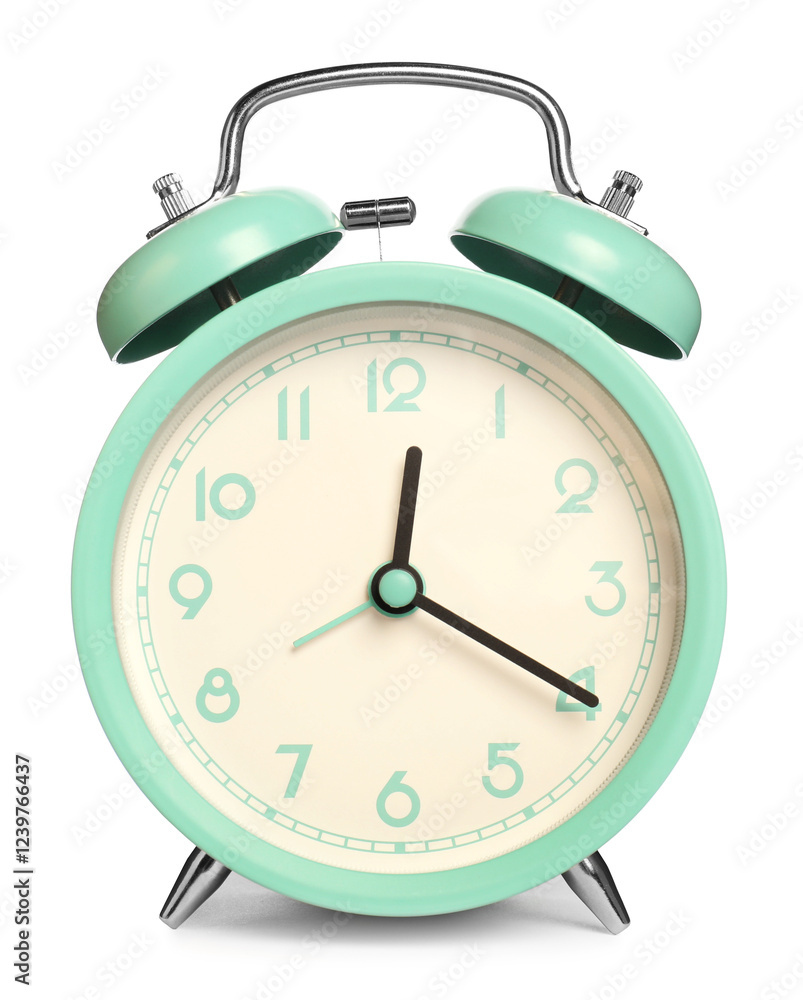 One turquoise alarm clock isolated on white One turquoise alarm clock isolated on white