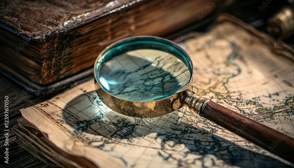 Antique Magnifying Glass on Old World Map and Books Antique Magnifying Glass on Old World Map and Books