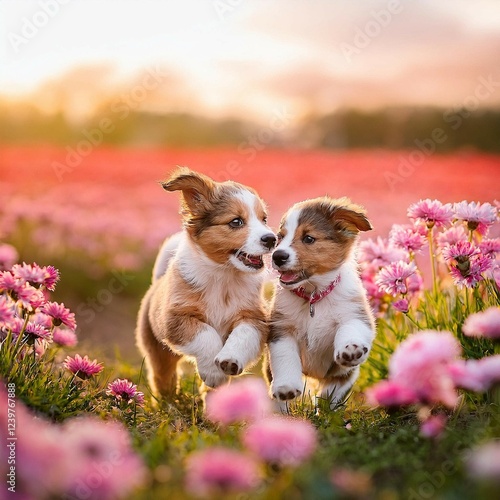 花畑ではしゃぐ二匹の子犬 photo