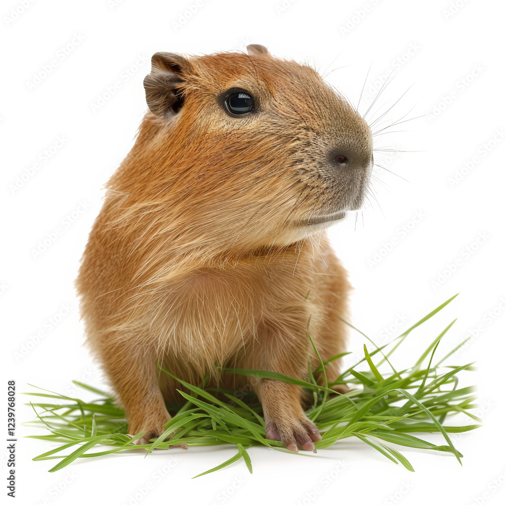 baby capybara sitting on green grass, looking curiously baby capybara sitting on green grass, looking curiously