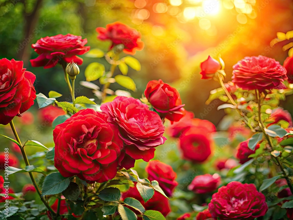 Obraz premium Rule of thirds perfectly positions stunning red rose bushes, creating a breathtaking garden photograph.