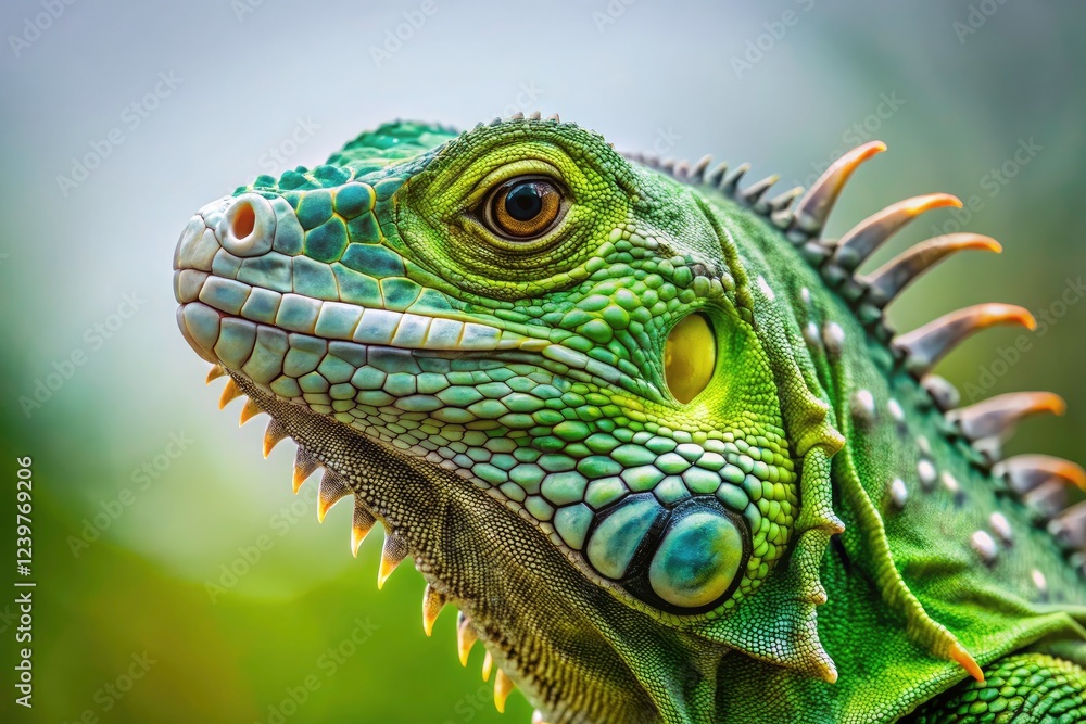 A green iguana, Iguana iguana, sharply focused, set against a clean, green background. A green iguana, Iguana iguana, sharply focused, set against a clean, green background.