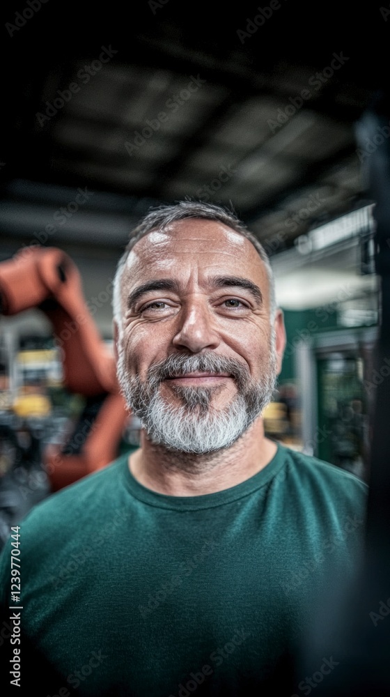 Fototapeta premium Smiling Mature Engineer Robotics Factory Industrial Worker Portrait
