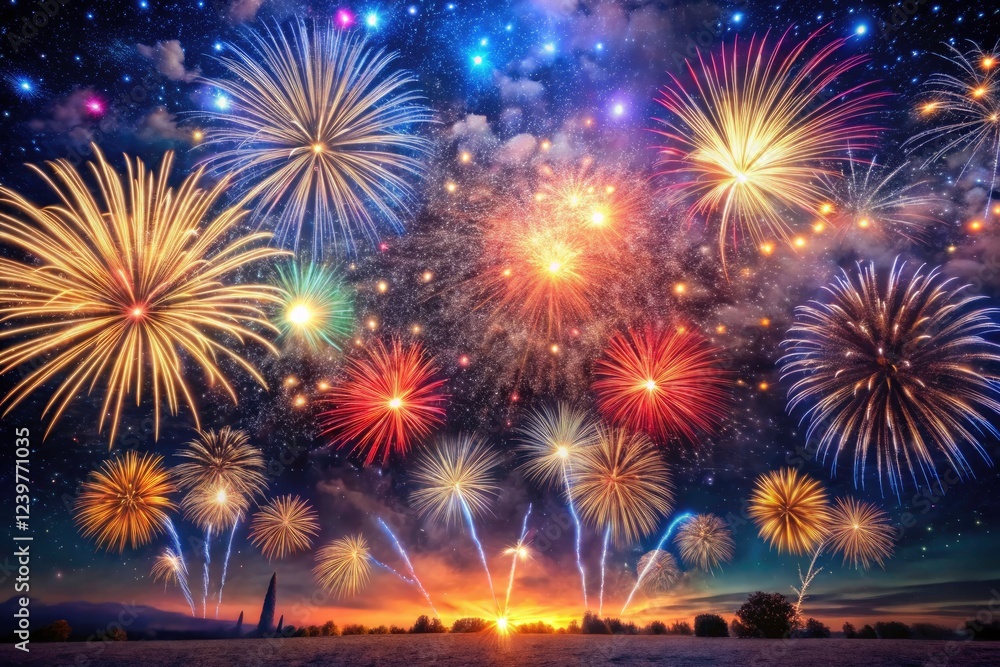 Starry sky canvas bursts with vibrant fireworks, a panoramic festive night celebration. Starry sky canvas bursts with vibrant fireworks, a panoramic festive night celebration.