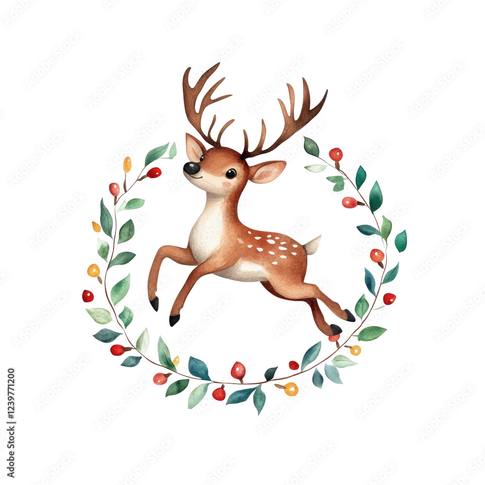 Naklejka premium A playful deer leaps within a decorative wreath of leaves and berries, showcasing its charming features and vibrant colors.