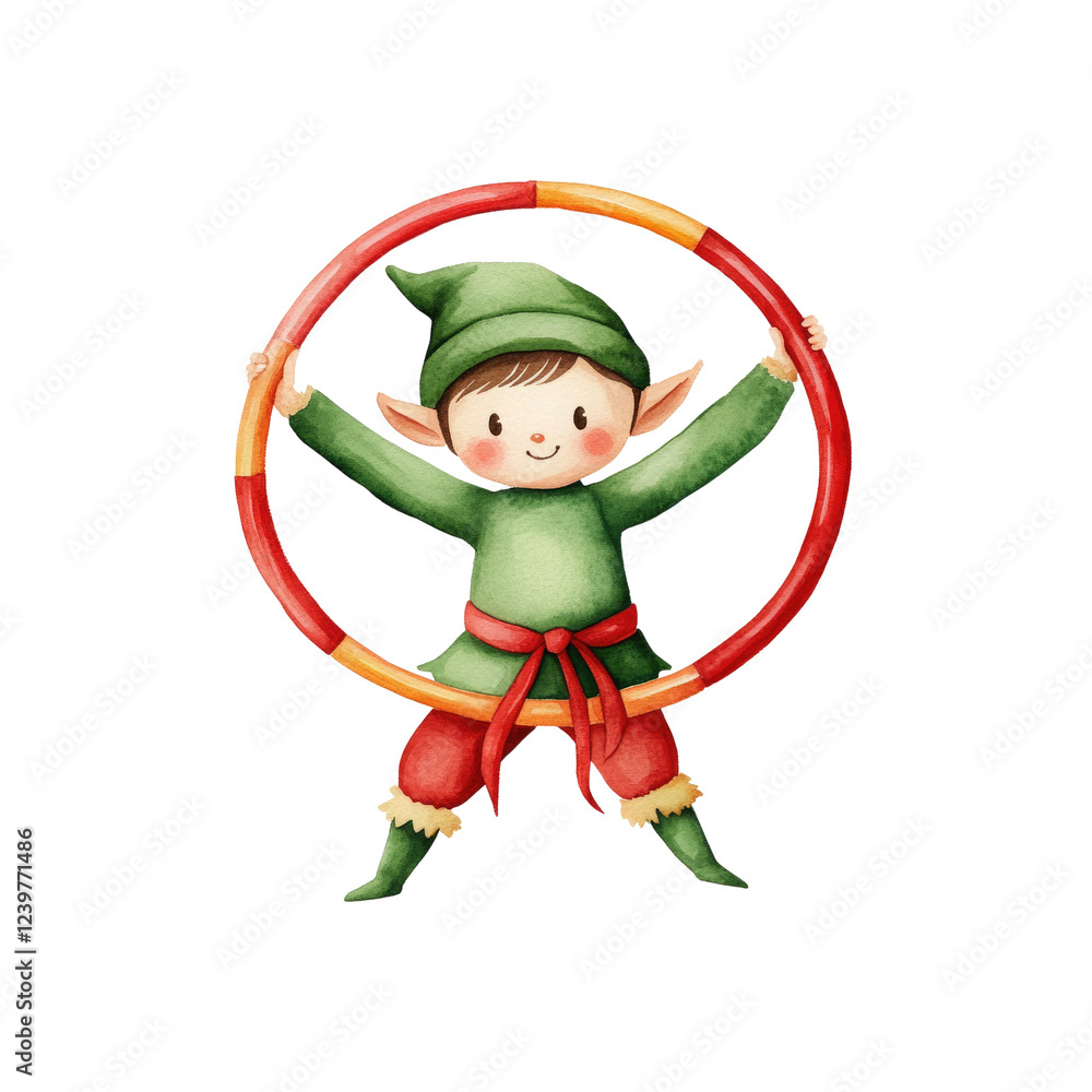 A cheerful elf in colorful attire playfully holds a hula hoop, showcasing a joyful and festive spirit. A cheerful elf in colorful attire playfully holds a hula hoop, showcasing a joyful and festive spirit.