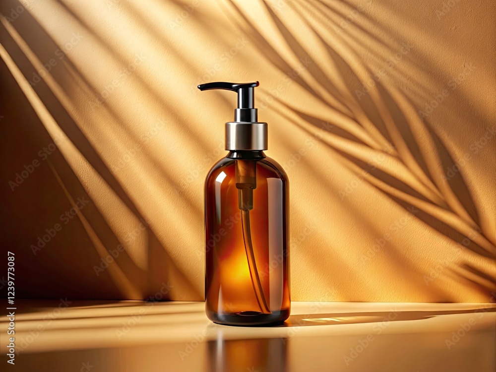 Beige background, textured shadows highlight a brown glass cosmetic pump bottle in gritty urban photography. Beige background, textured shadows highlight a brown glass cosmetic pump bottle in gritty urban photography.