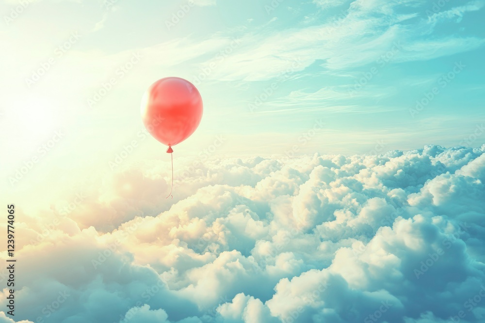 Fototapeta premium Red Balloon Floating Above Soft Clouds In Sky