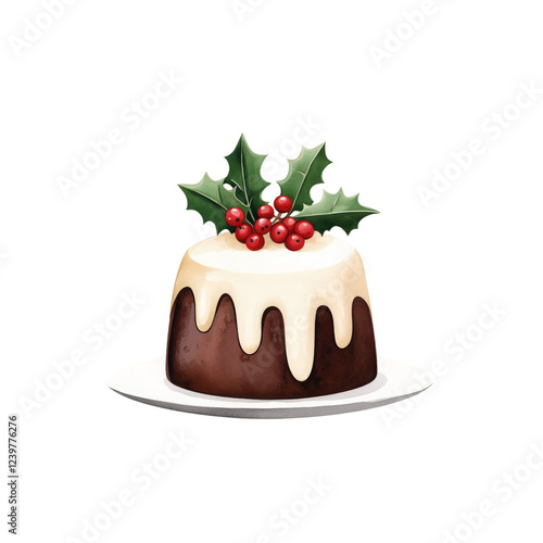 A festive Christmas pudding decorated with holly and red berries, perfect for holiday celebrations and seasonal desserts.