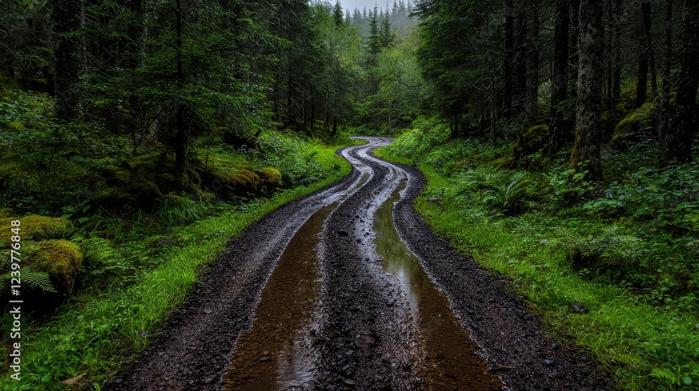 Rainy forest road curves through lush greenery (1) Rainy forest road curves through lush greenery (1)