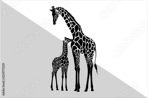Elegant Mother and Baby Giraffe Silhouette Art.
