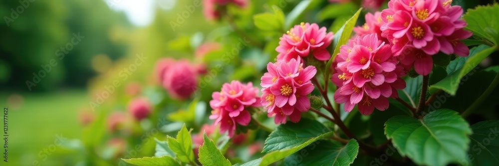 Low-angle shot of salmon berry bushes with pink flowers and foliage in the foreground, salmon berry, bushy plants, garden features Low-angle shot of salmon berry bushes with pink flowers and foliage in the foreground, salmon berry, bushy plants, garden features