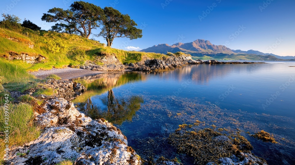 Fototapeta premium Calm coastal sunrise, mountains reflecting in tranquil water, perfect for travel brochures