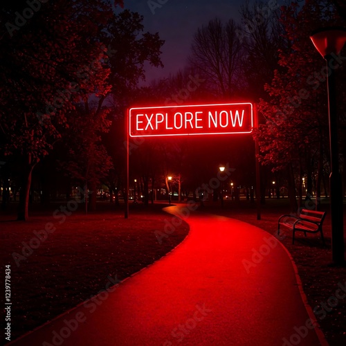 a park path illuminated by a glowing red neon sign that reads 