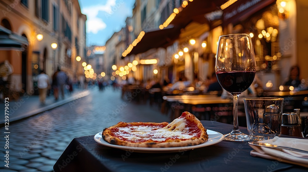 Fototapeta premium Charming outdoor dining pizza and wine in rome's evening scene