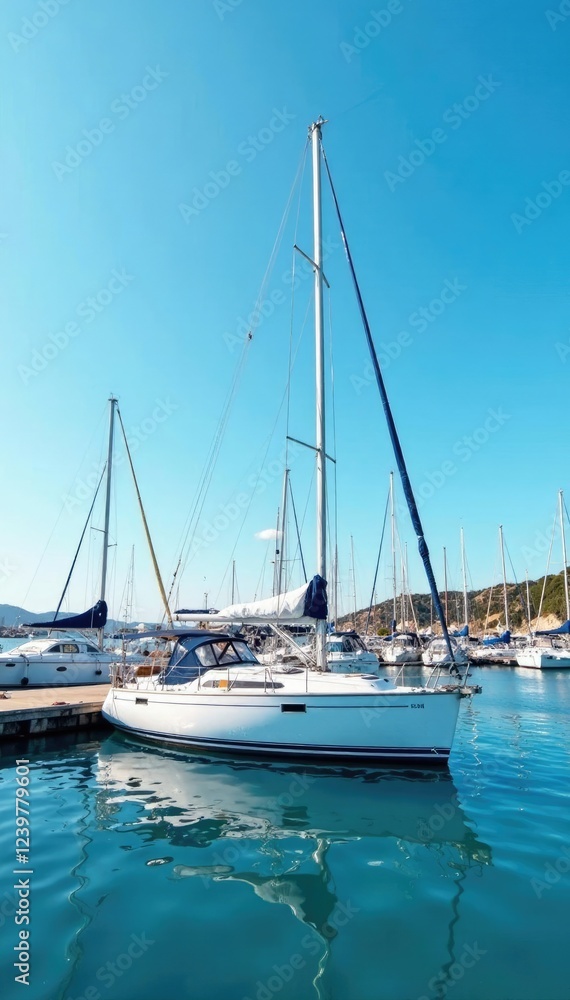 Sailboat docked at a marina with a clear blue sky and white sails, nautical, yacht Sailboat docked at a marina with a clear blue sky and white sails, nautical, yacht