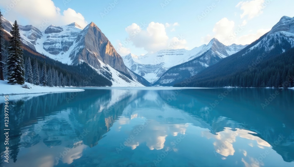 Fototapeta premium Serene lake with snow-capped mountains reflected in its calm waters, calm water, frozen, serene