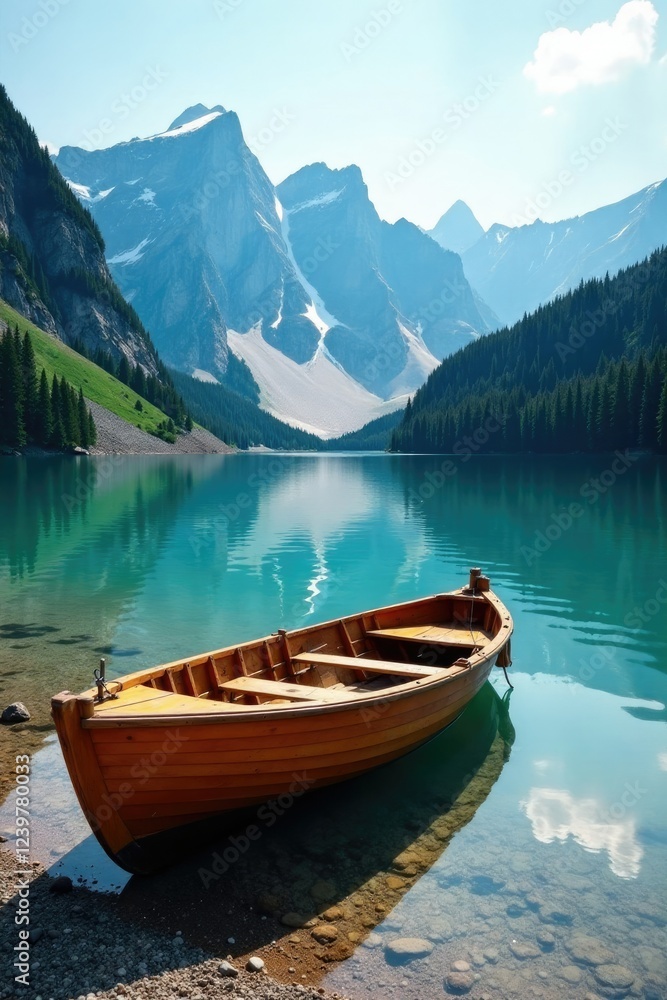 Fototapeta premium serene mountain lake with wooden boat docked on shore, lakes, docks