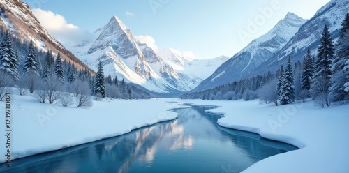 Wallpaper Mural Serene winter landscape with snow-covered mountains and a frozen river gliding beneath, frozen, snow Torontodigital.ca