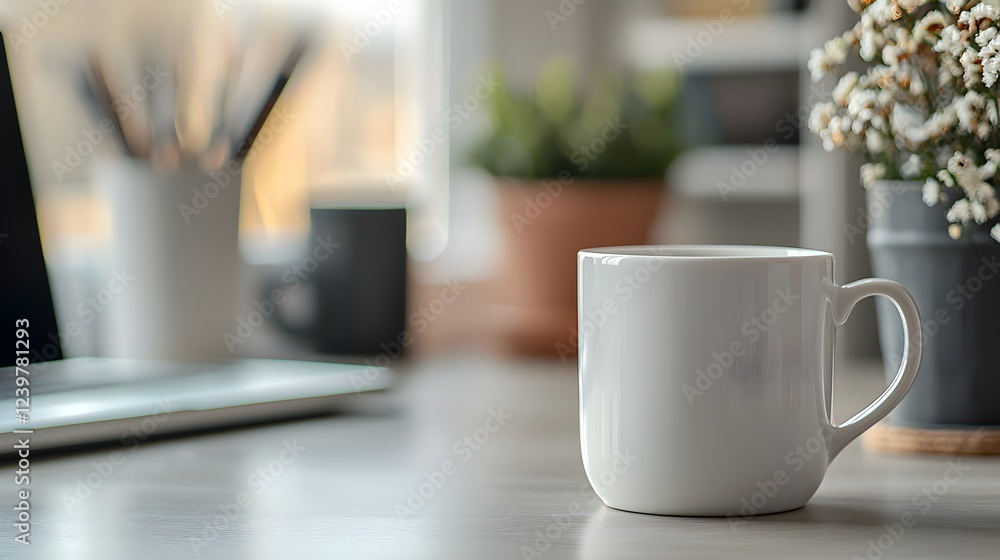 Minimalist white coffee cup mockup on desk modern workspace Minimalist white coffee cup mockup on desk modern workspace