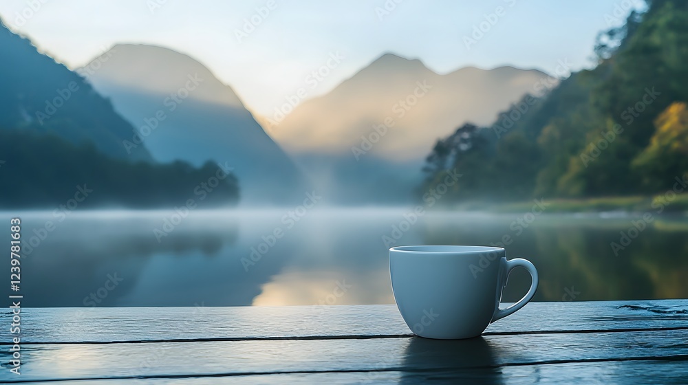 Tranquil coffee moment at a serene lake nature photography morning light Tranquil coffee moment at a serene lake nature photography morning light