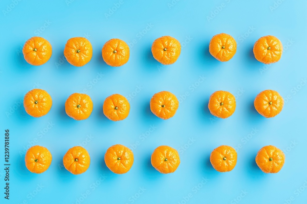 Fototapeta premium Arranged Mandarin Oranges on a Blue Background