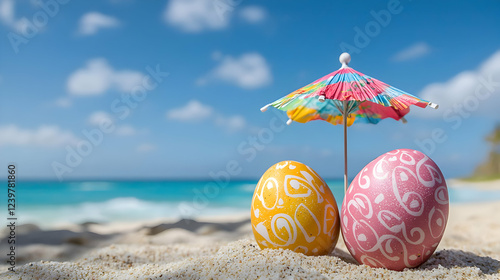 colorful easter eggs on the beach