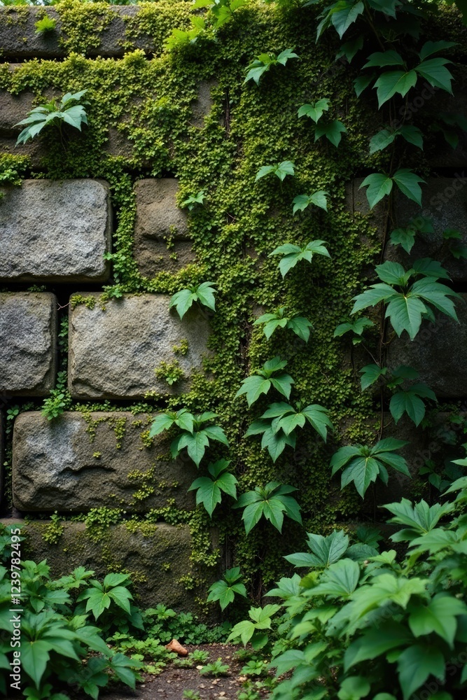 Stone wall with vines and moss covering the surface, countryside, overgrowth, greenery Stone wall with vines and moss covering the surface, countryside, overgrowth, greenery